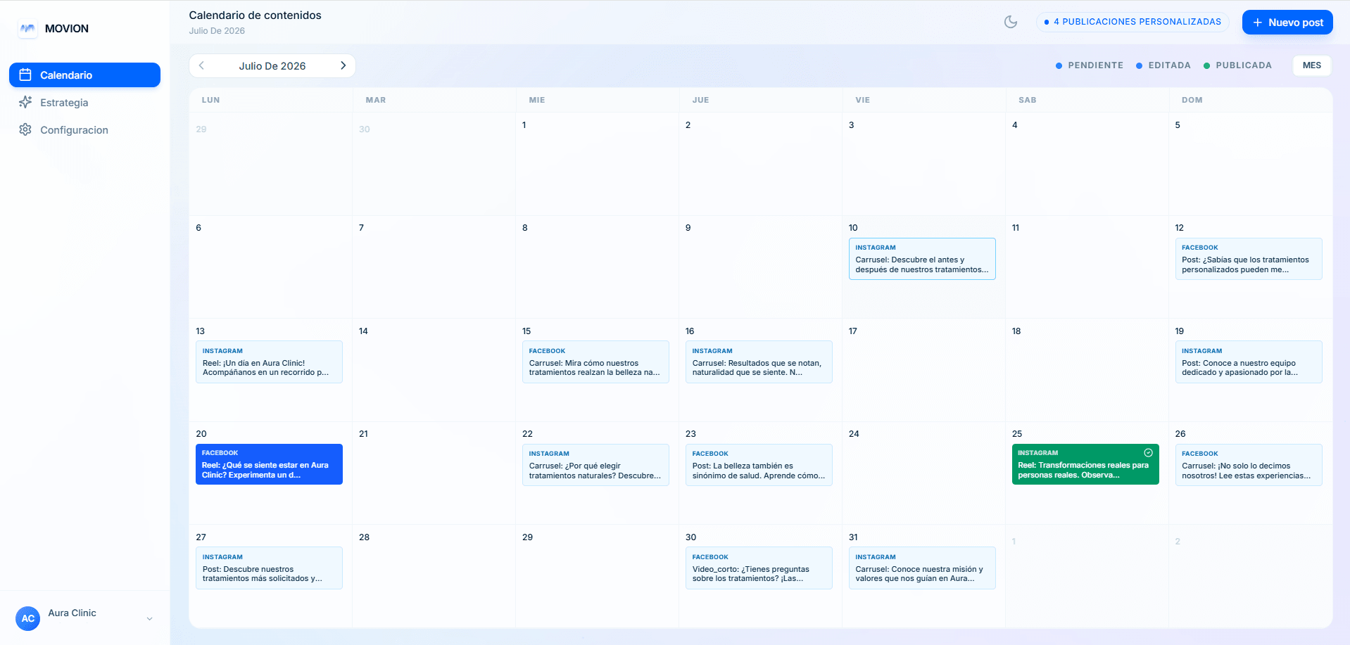 Calendario de contenidos de Movion para Aura Clinic