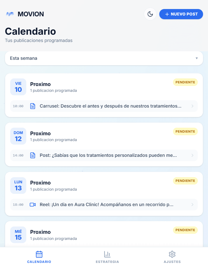 Calendario de contenidos de Movion para Aura Clinic
